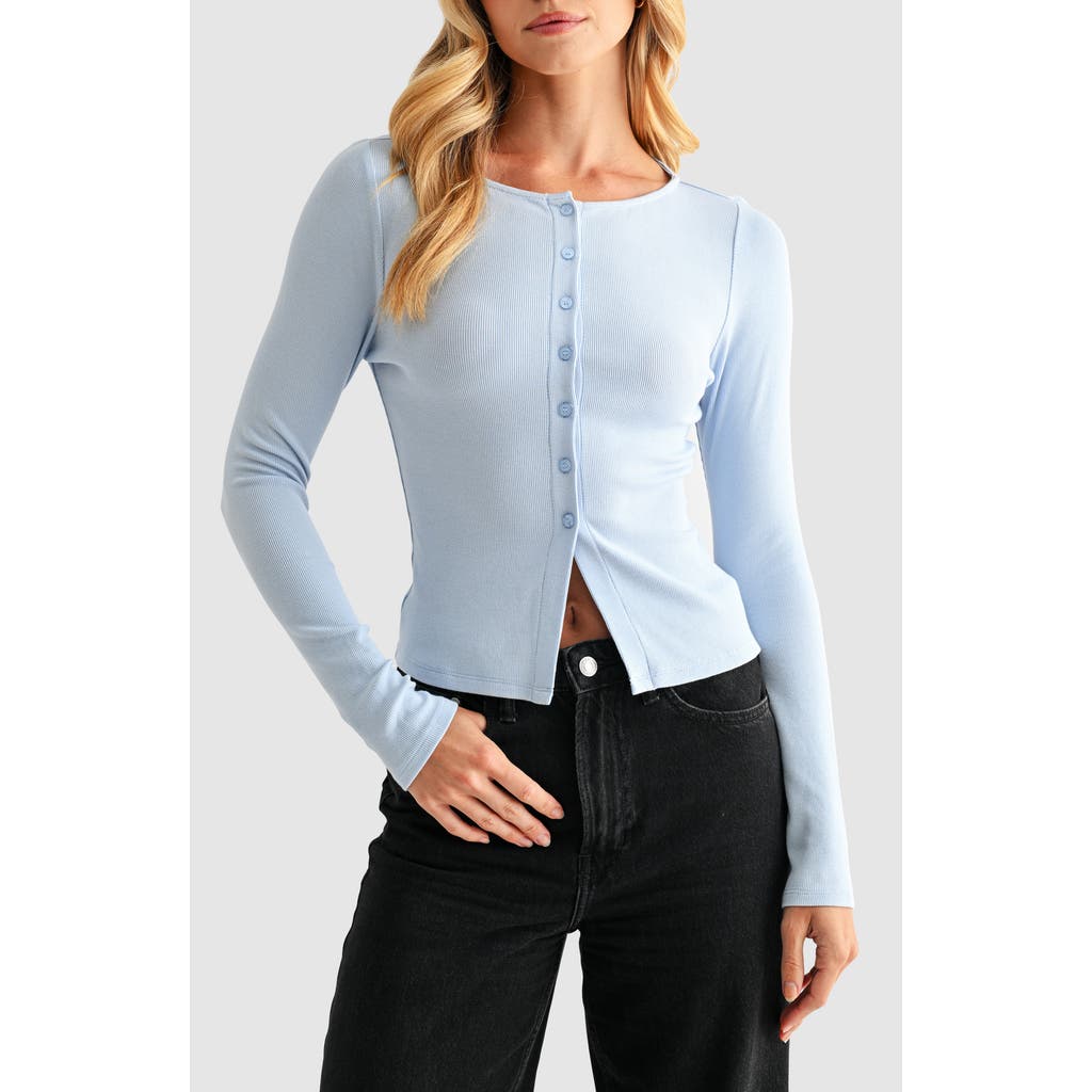 Lush Long Sleeve Button Front Crop Top In Blue