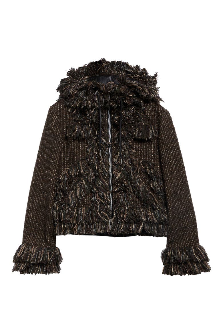 Fringe Wool Blend Tweed Hooded Jacket, Main, color, BROWN