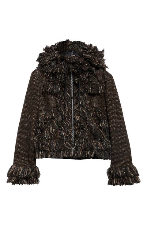 Fringe Wool Blend Tweed Hooded Jacket