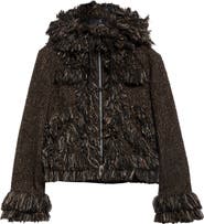 Sacai Fringe Wool Blend Tweed Hooded Jacket