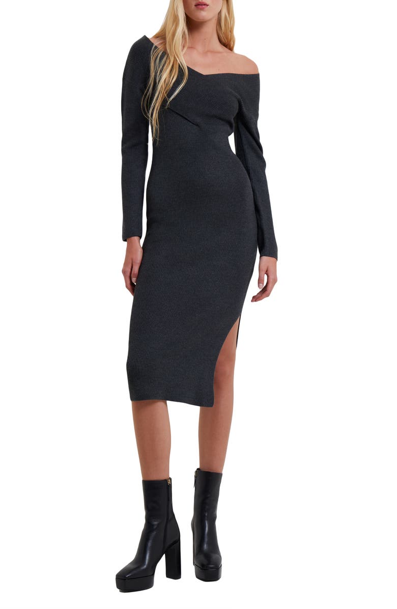 French Connection Lydia Crossover Long Sleeve Rib Midi Dress, Main, color, 