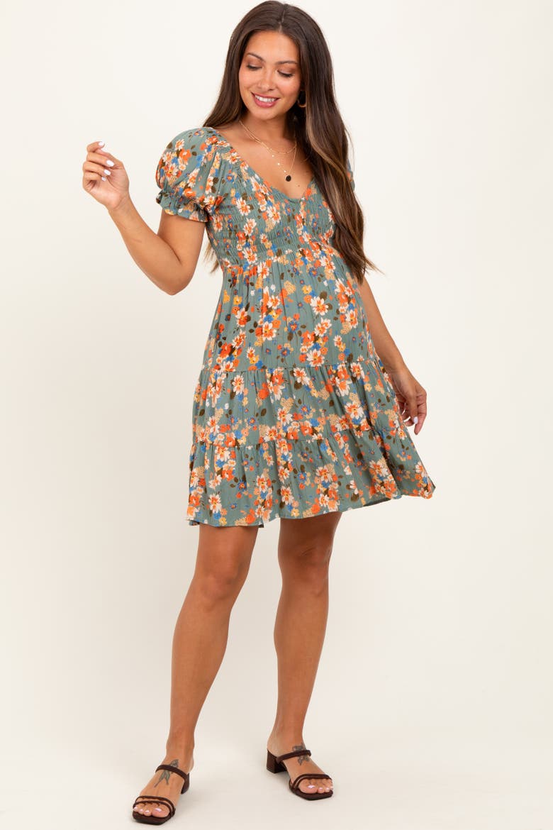 Floral Smocked V-Neck Puff Sleeve Dress, Alternate, color, Olive Green