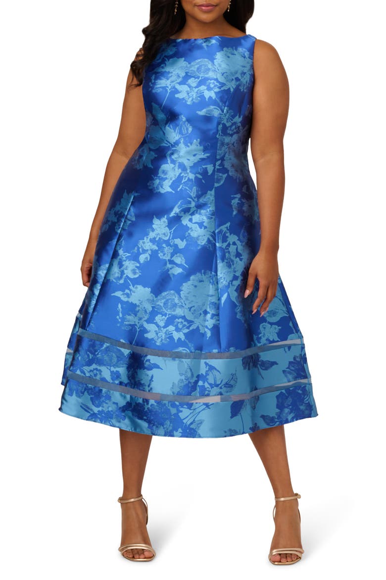 Metallic Floral Jacquard Fit & Flare Cocktail Dress, Main, color, BLUE MULTI