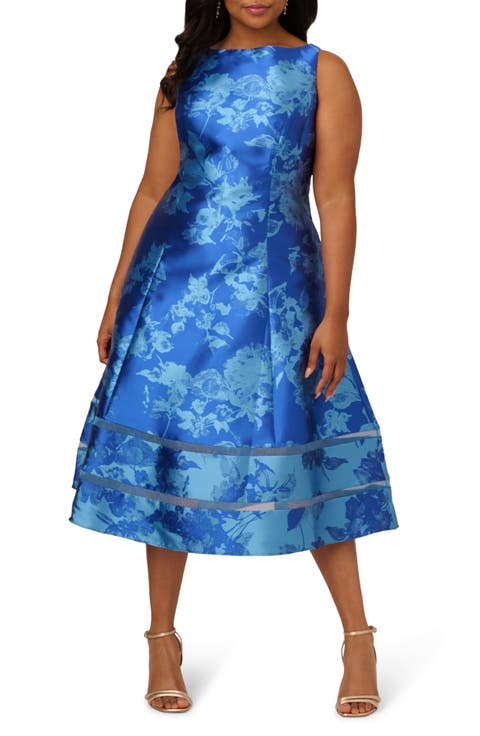Metallic Floral Jacquard Fit & Flare Cocktail Dress (Plus)
