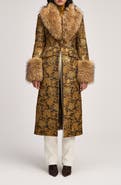 Cinq à Sept Ivella Floral Jacquard Coat with Faux Fur Trim