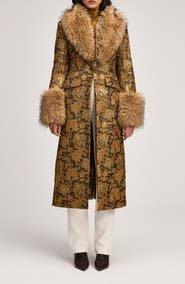 Cinq à Sept Ivella Floral Jacquard Coat with Faux Fur Trim