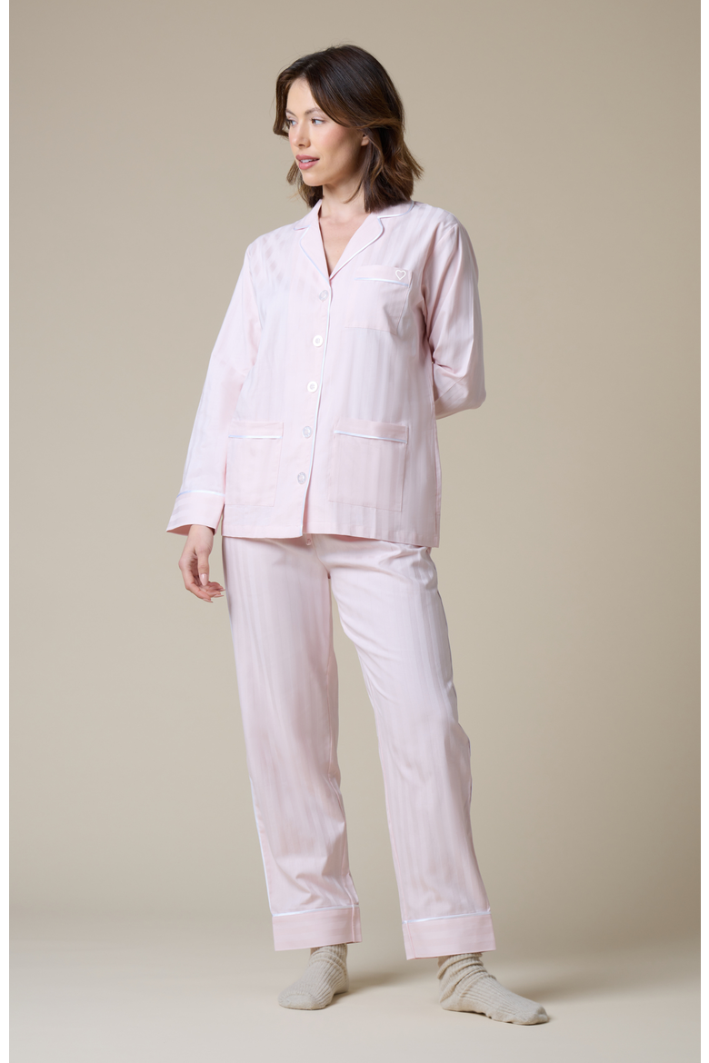 Heart Embroidered Cotton Long Pajama Set, Main, color, Pink Peony