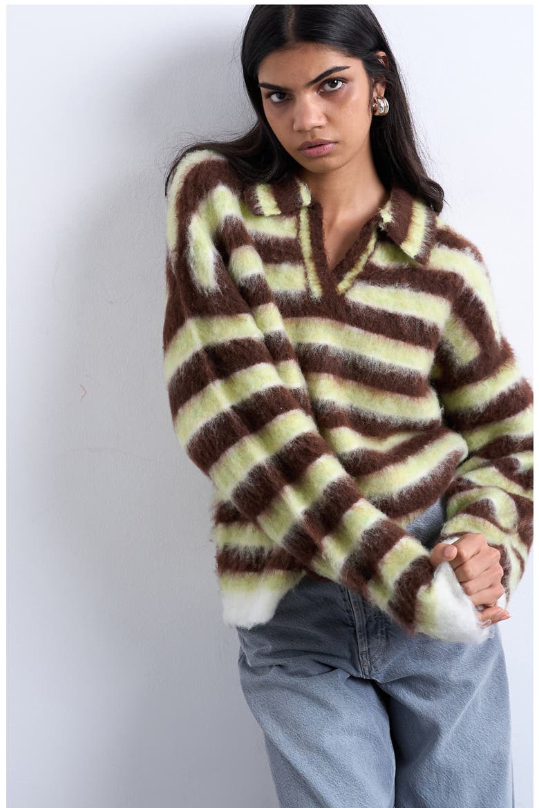 Fluffy Polo Sweater, Main, color, BROWN MULTI
