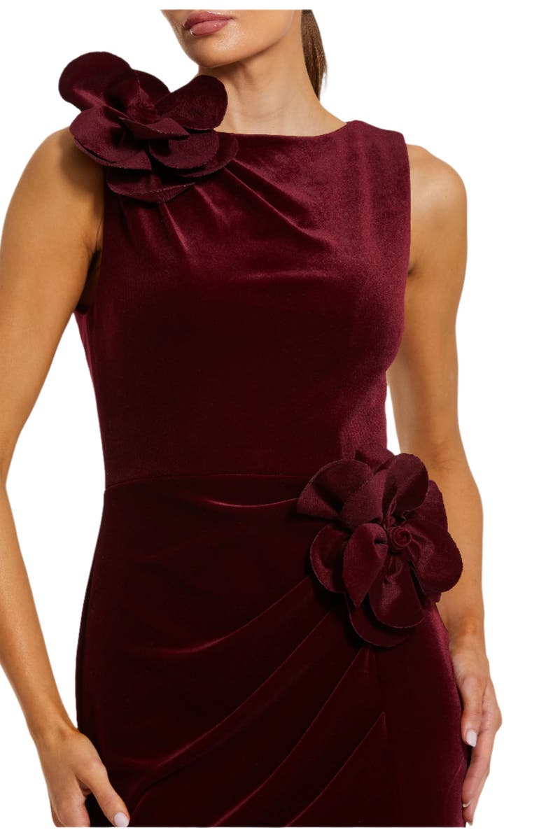 Mac Duggal High Neck Velvet Column Dress With 3D Flowers, Alternate, color, Burgundy