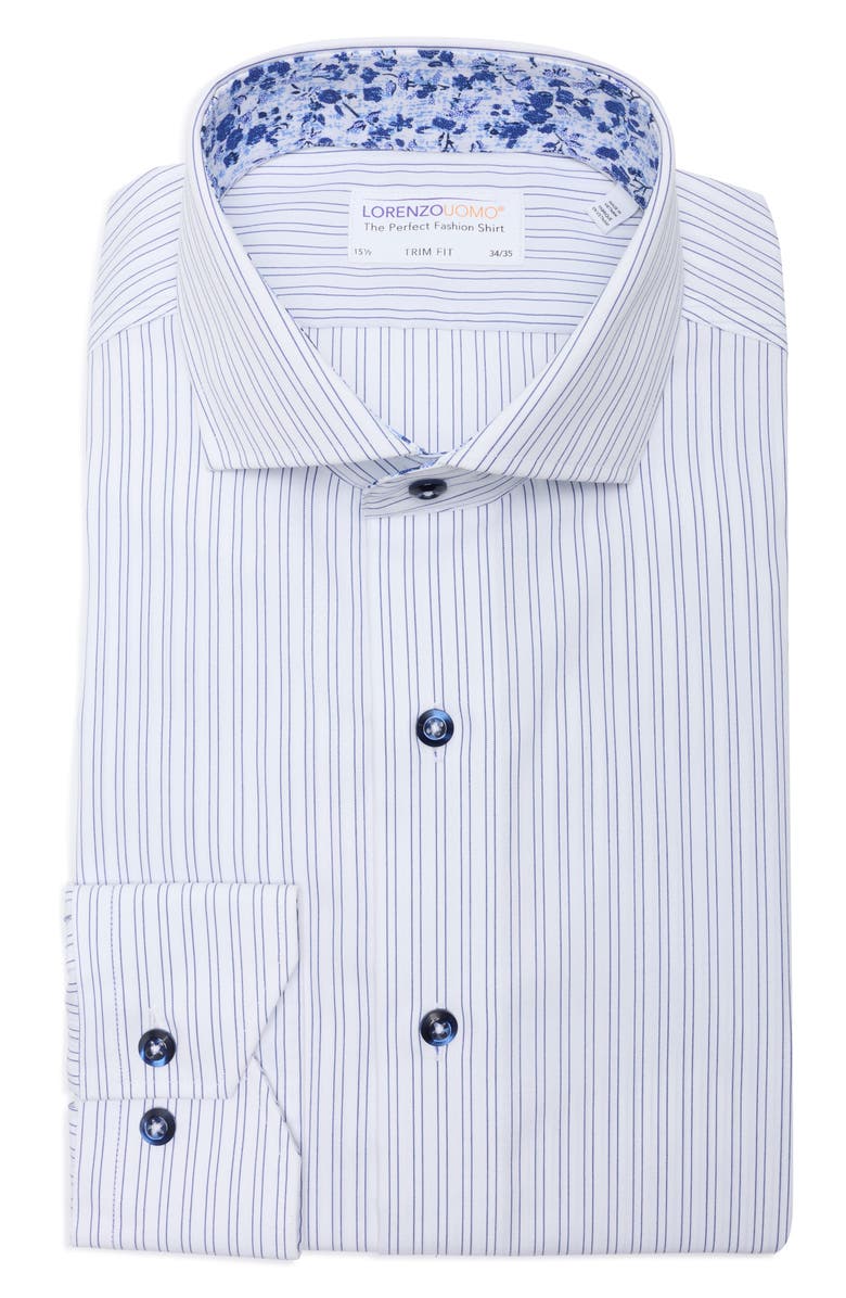 Lorenzo Uomo Trim Fit Textured Vertical Stripe Cotton Button-Up Shirt, Main, color, White/ Navy