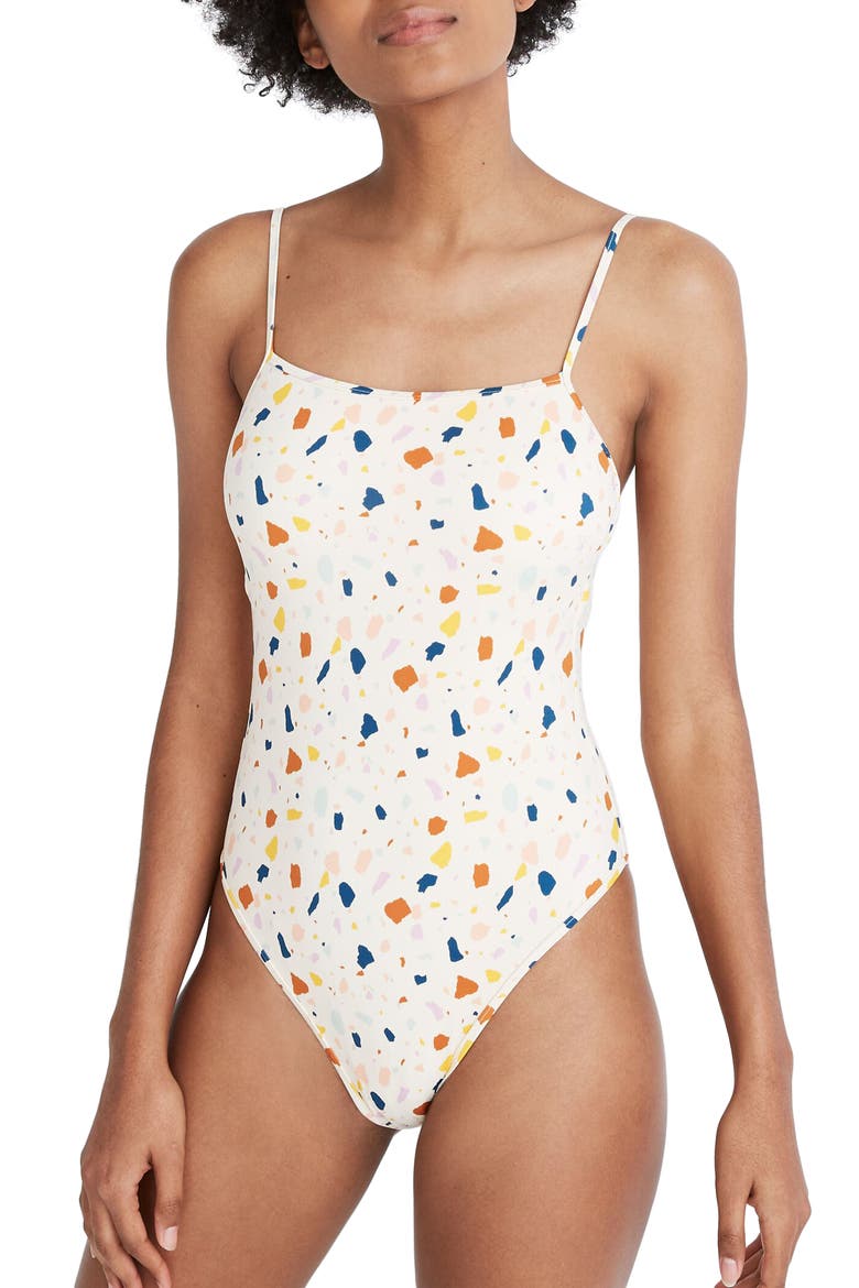 Second Wave Terrazzo Straight One-Piece Swimsuit, Main, color, SWIM TERAZZO ANTIQUE LACE