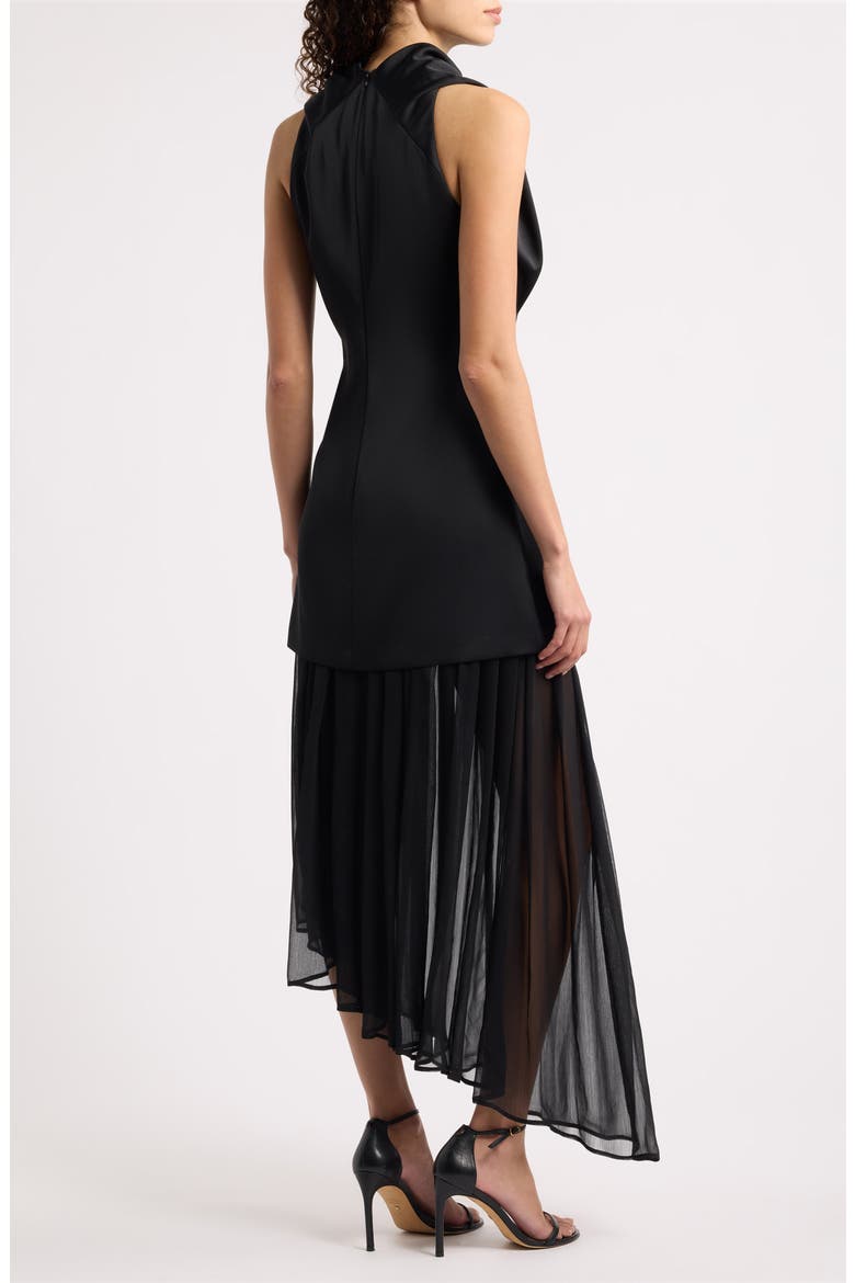 Draped High Neck Asymmetric Satin & Chiffon Dress, Alternate, color, BLACK