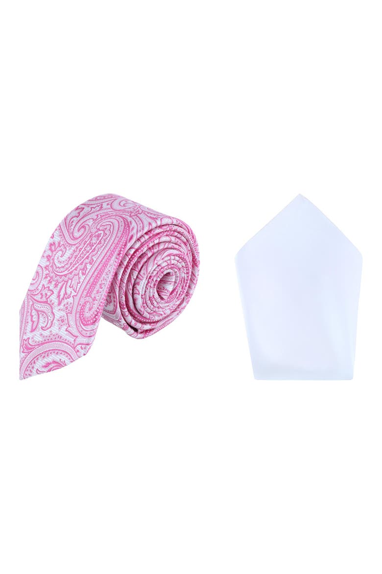 Sobee Paisley Silk Necktie & Sutton Pocket Square Bundle, Main, color, Pink & White