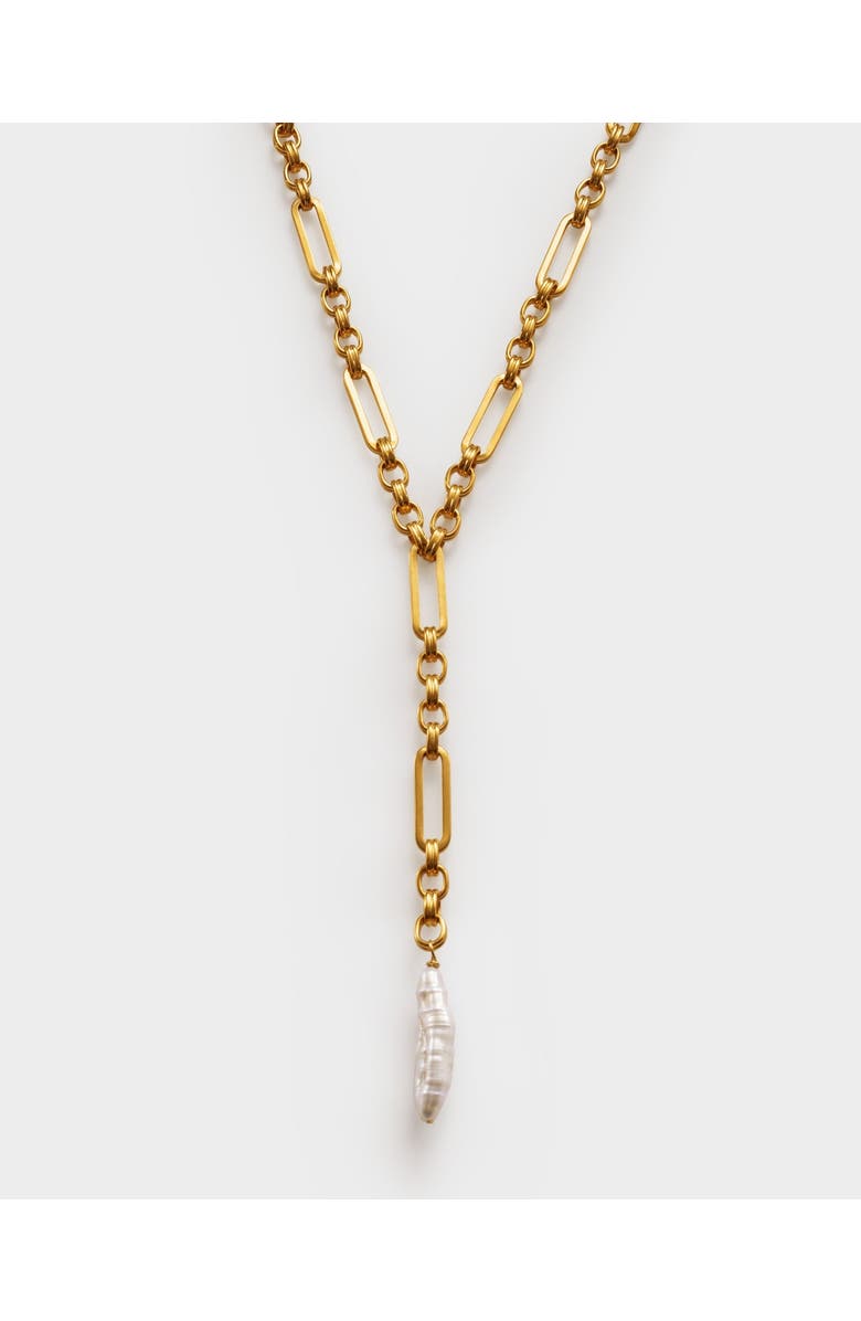 Katie Loxton Allure Waterproof Gold Pearl Lariat Necklace, Main, color, Gold