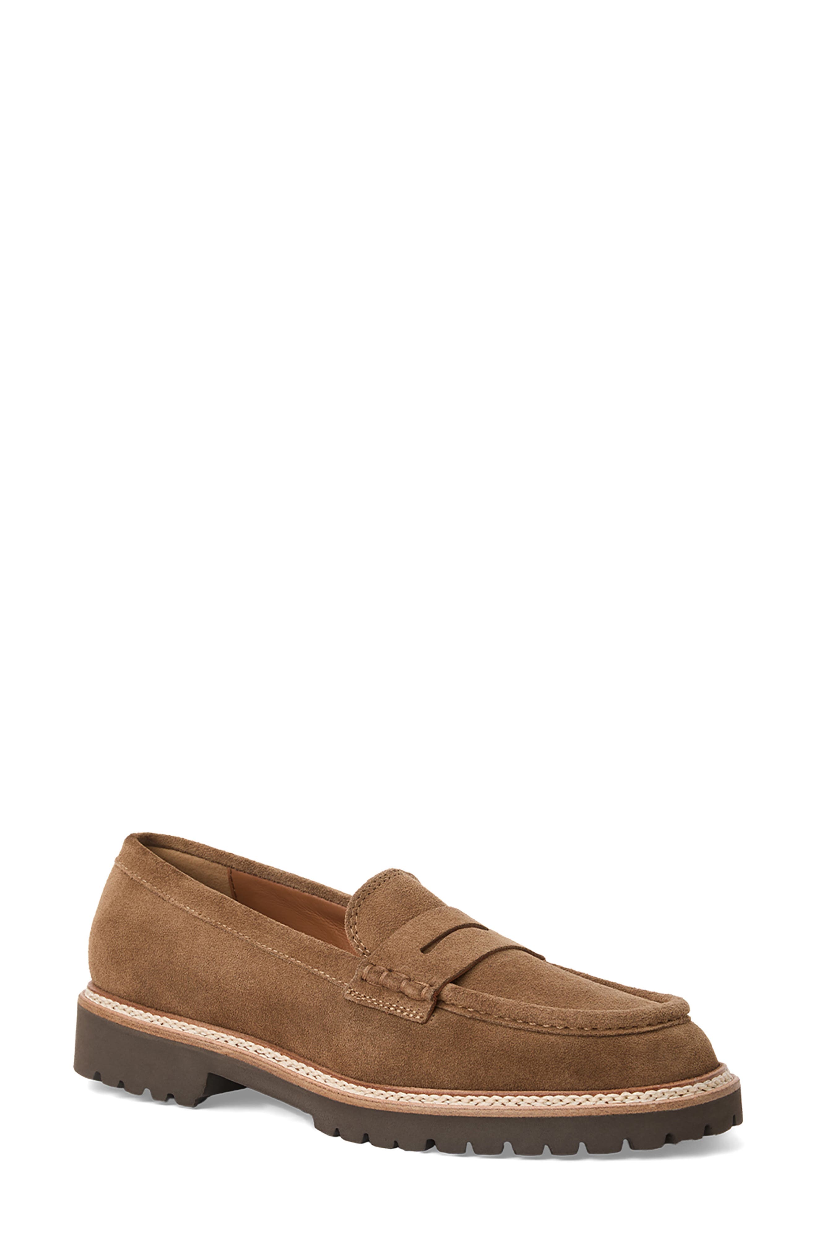 Merry Waterproof Lug Sole Penny Loafer, Main, color, CHAMPAGNE SUEDE