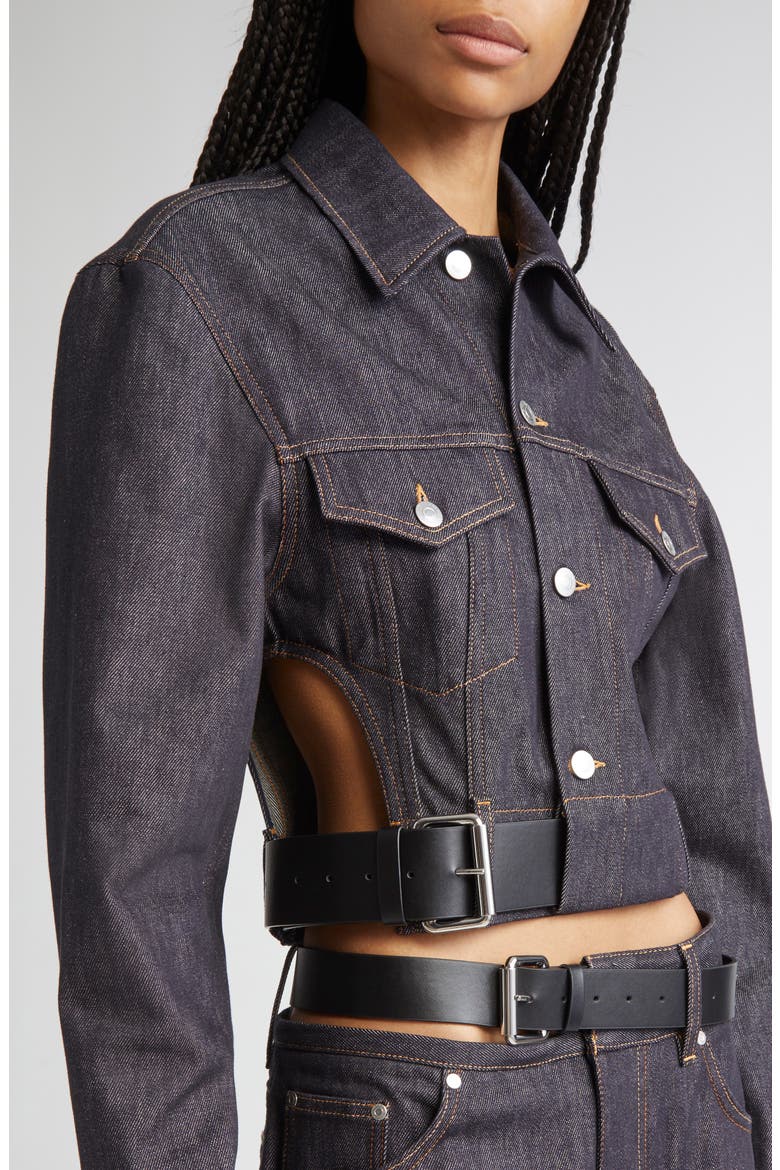 Belted Crop Raw Denim Jacket, Alternate, color, 4123 - RAW BLUE DENIM