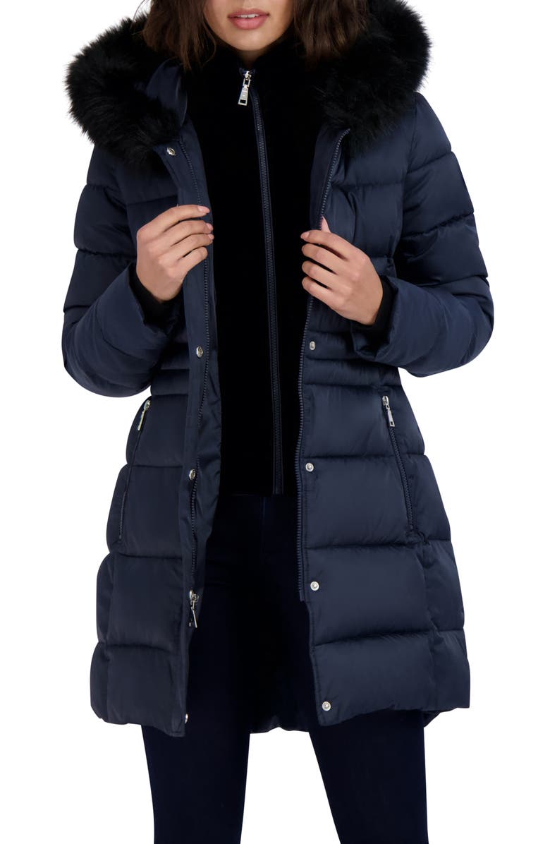 Tahari Dana Puffer Coat with Faux Fur Trim, Alternate, color, Galaxy