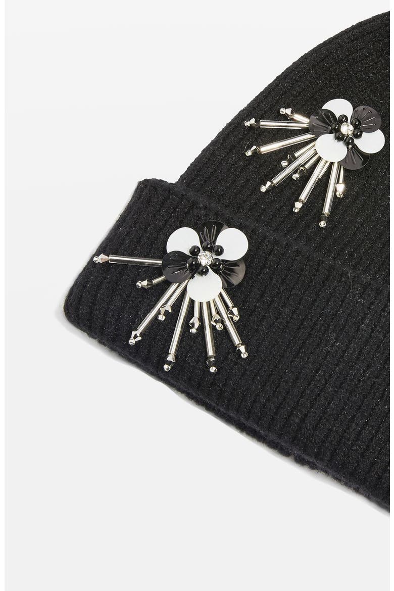 Flower Burst Embellished Beanie, Alternate, color, BLACK MULTI