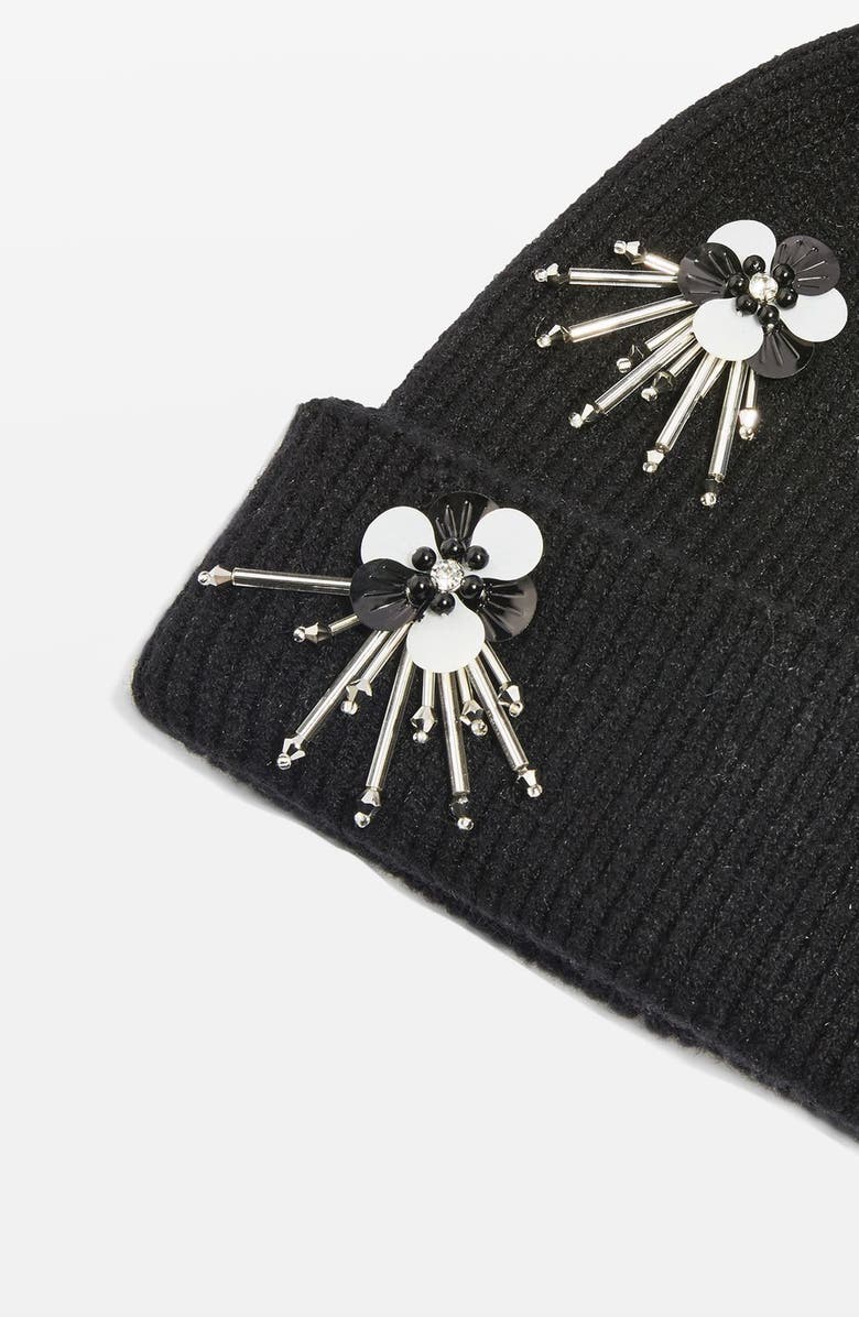 Topshop Flower Burst Embellished Beanie, Alternate, color, 
