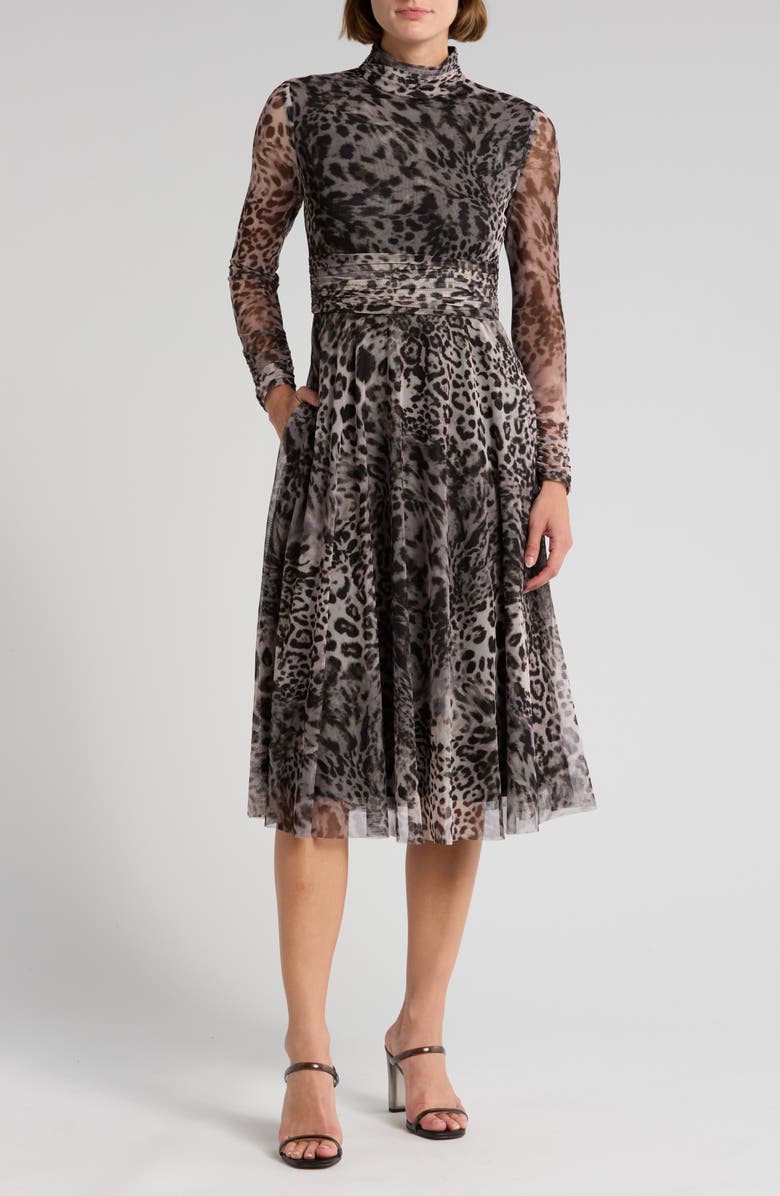 Eliza J Leopard Print Long Sleeve Mesh Midi Dress, Main, color,