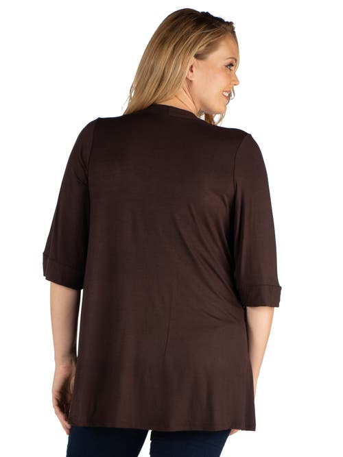 24seven Comfort Apparel Plus Size Elbow Length Sleeve Open Front Cardigan In Brown