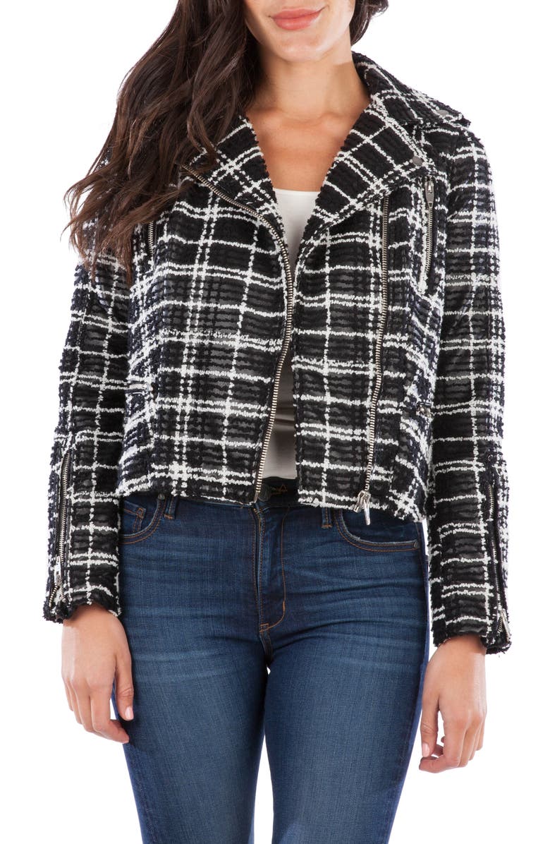 KUT from the Kloth Eveline Textured Check Faux Leather Moto Jacket, Main, color, 