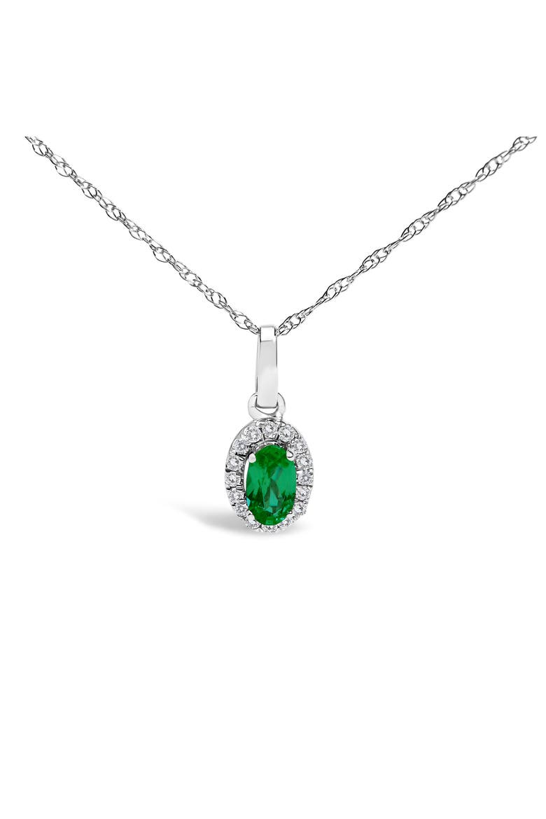 10K White Gold 5x3mm Gemstone and Diamond Accent Halo Oval Shape 18" Pendant Necklace, Main, color, Green Emerald | White