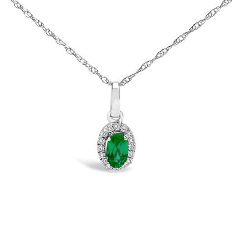 10K White Gold 5x3mm Gemstone and Diamond Accent Halo Oval Shape 18" Pendant Necklace