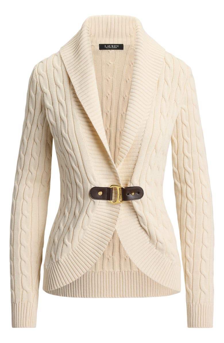 Lauren Ralph Lauren Gassed Cable Stitch Belted Cardigan, Alternate, color, Mascarpone Cream
