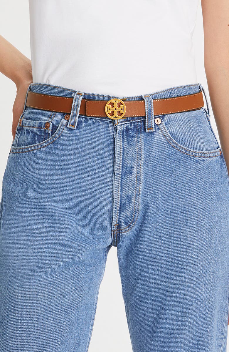 Tory Burch Miller 1-Inch Reversible Logo Belt, Alternate, color, Black / Classic Cuoio / Gold