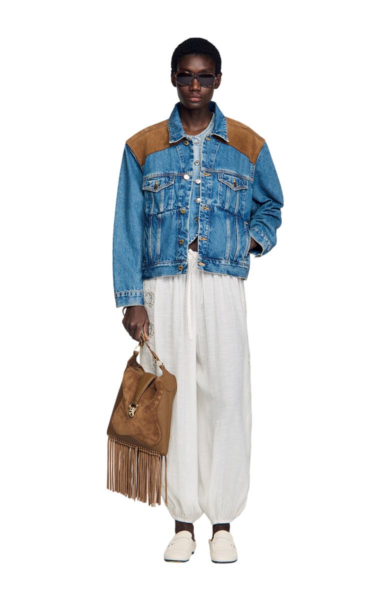 SANDRO Denim and suede jacket, Alternate, color, Light Bu Jean