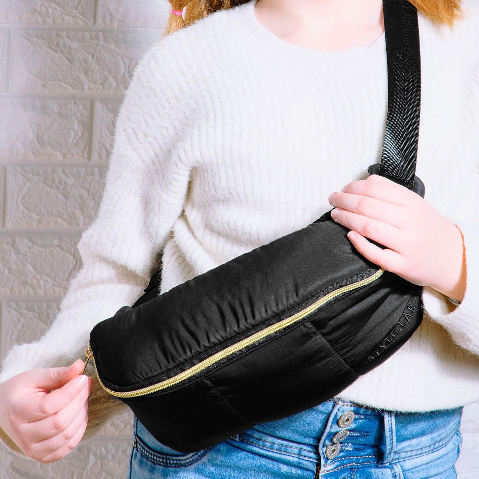 Style.Lab Fashion Angels Bekah Puffer Crossbody Backpack and Belt Bag Set, Alternate, color, Black