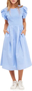 English Factory Puff Sleeve Mixed Media Midi Dress