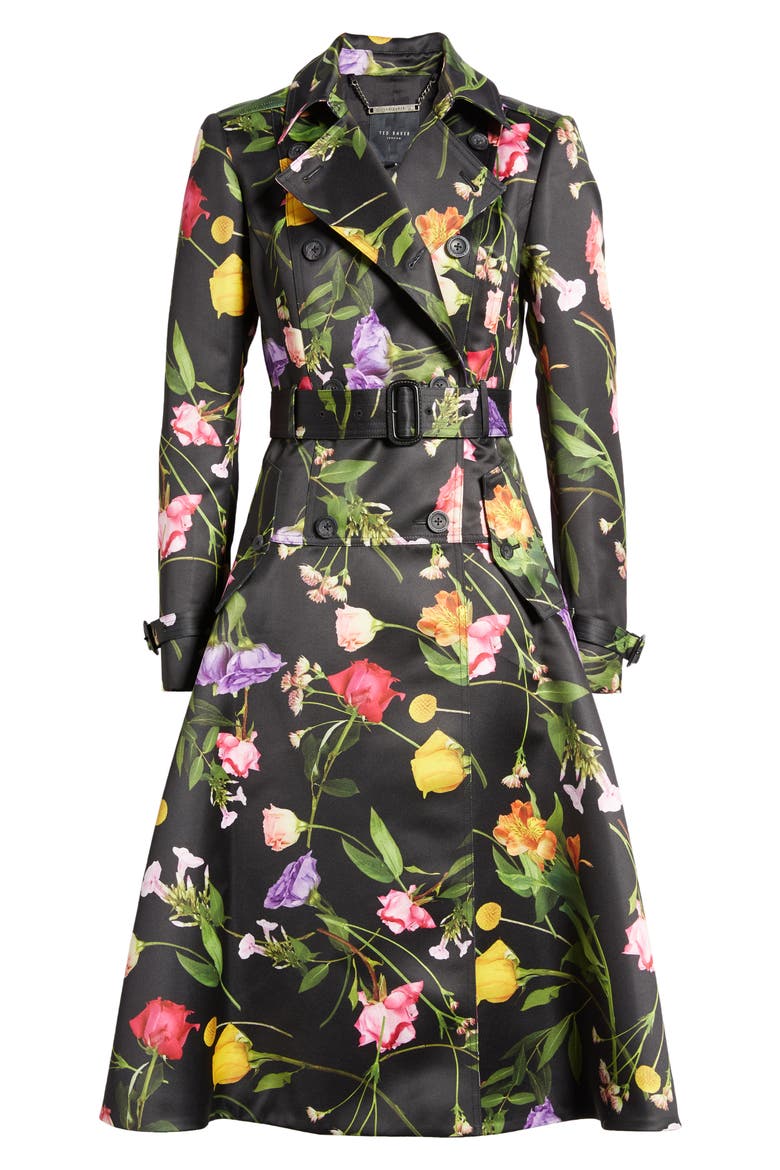 Moiraa Floral Double Breasted Trench Coat, Alternate, color, BLACK