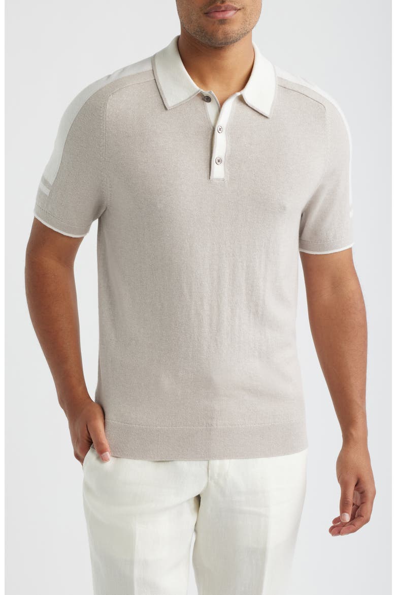 Brunswick Intarsia Stripe Wool & Cotton Polo Sweater, Main, color, OATMEAL/ WHITE