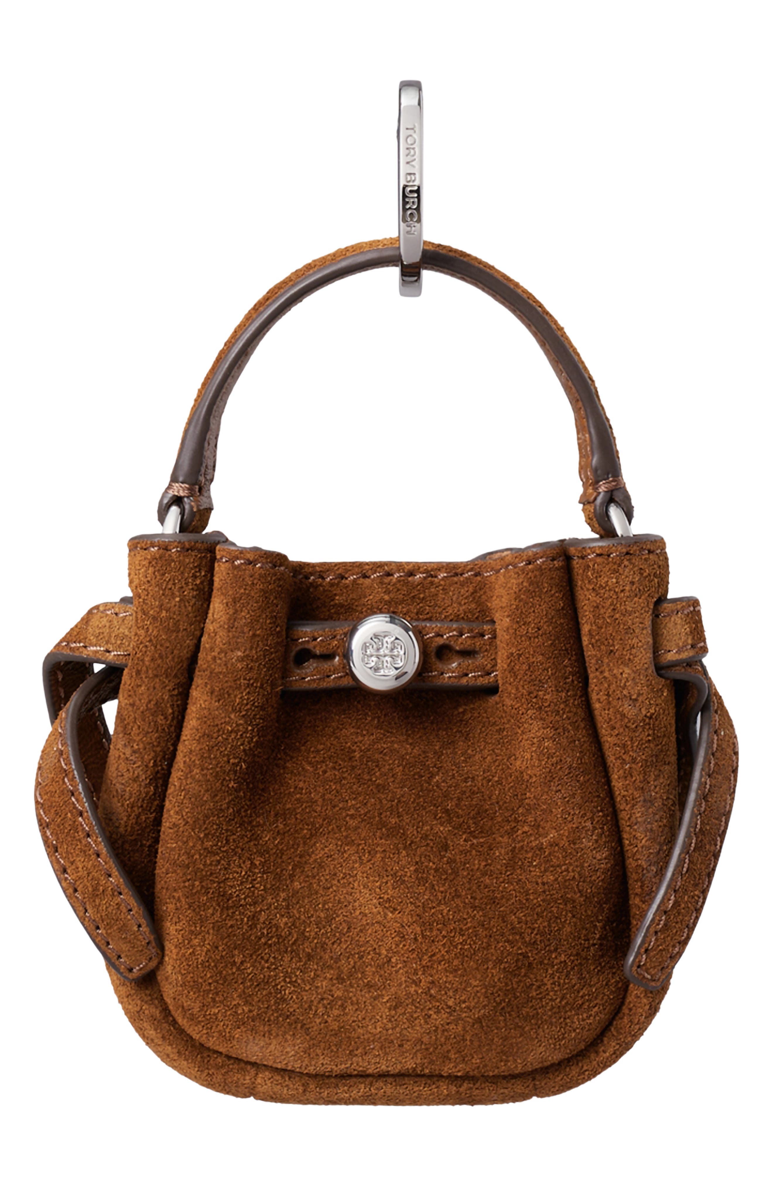 Romy Suede Bucket Key Fob, Main, color, CARAMEL