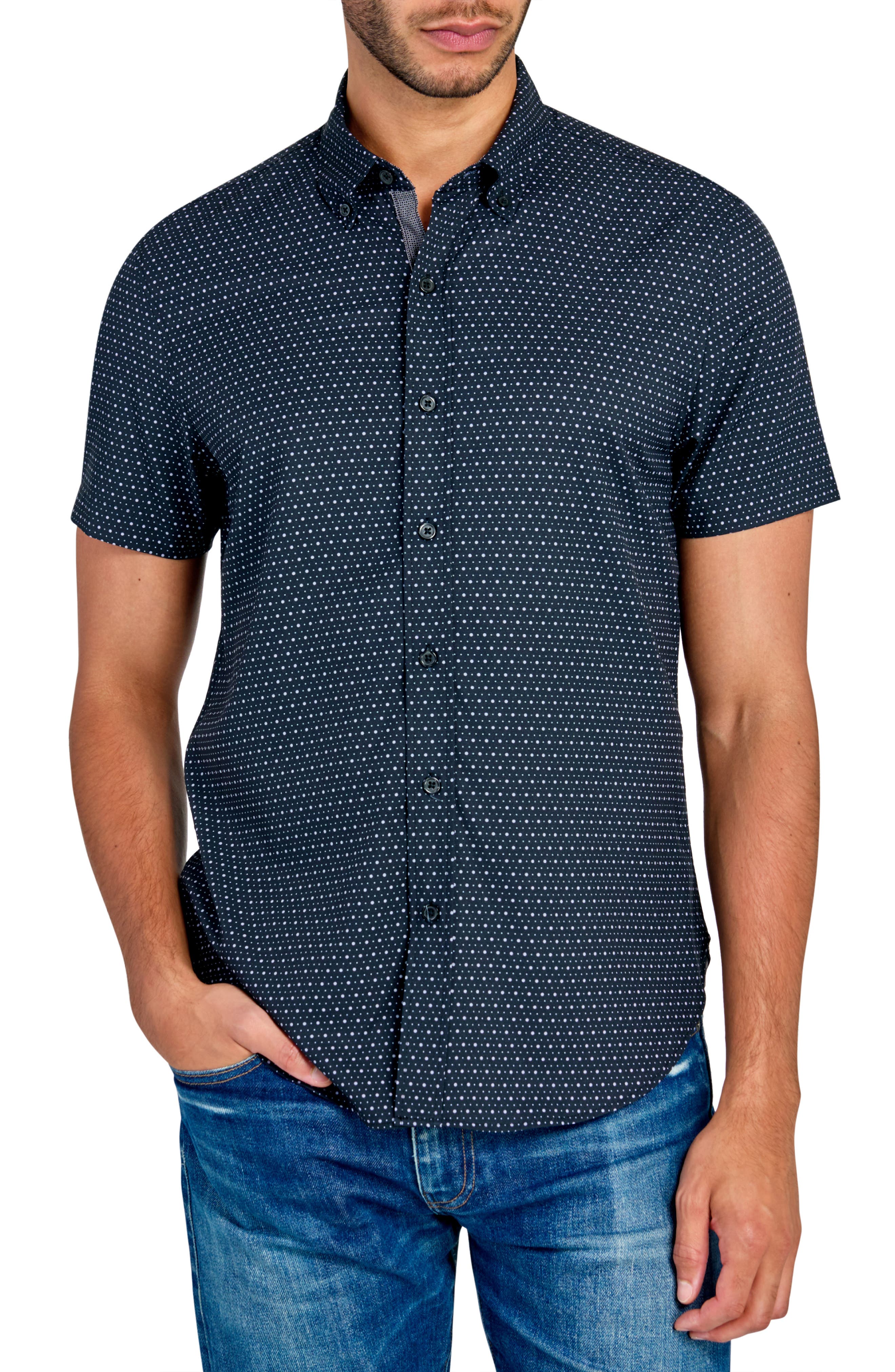 CONSTRUCT Slim Fit Micro Dot 4-Way Stretch Short Sleeve Button-Up Shirt