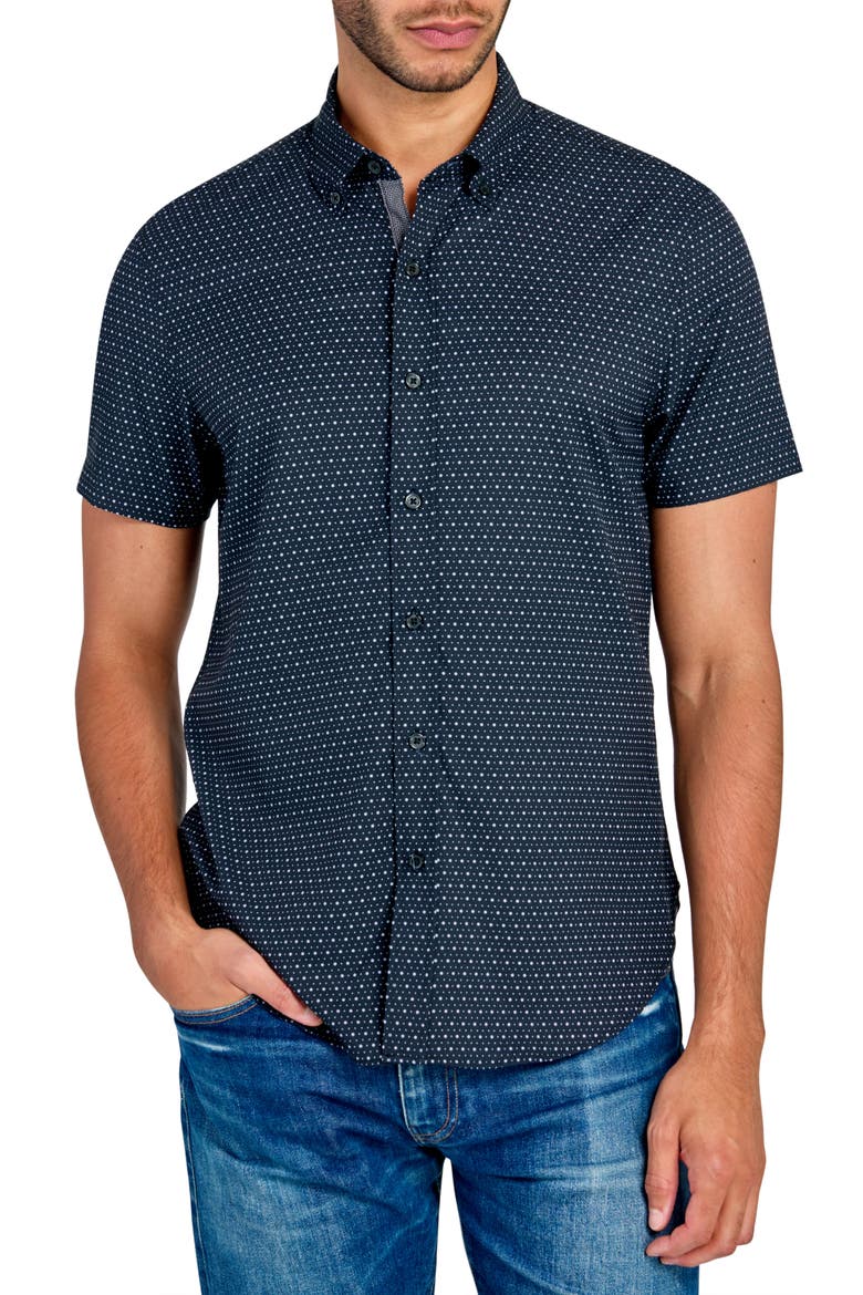 Slim Fit Micro Dot 4-Way Stretch Short Sleeve Button-Up Shirt, Main, color, BLACK