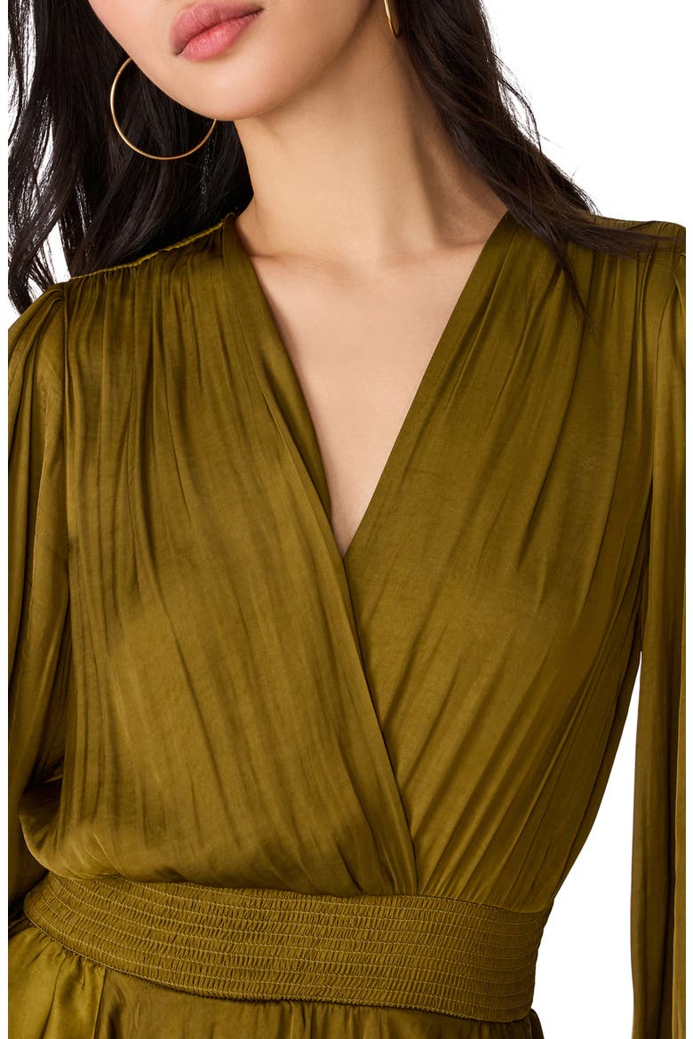 Bei Long Sleeve Tiered Satin Midi Dress, Alternate, color, FIR GREEN