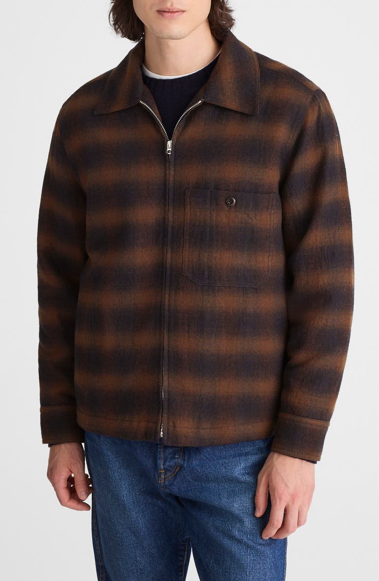 Madewell Ombré Check Flannel Zip Jacket, Main, color, Ombre Check Navy And Brown