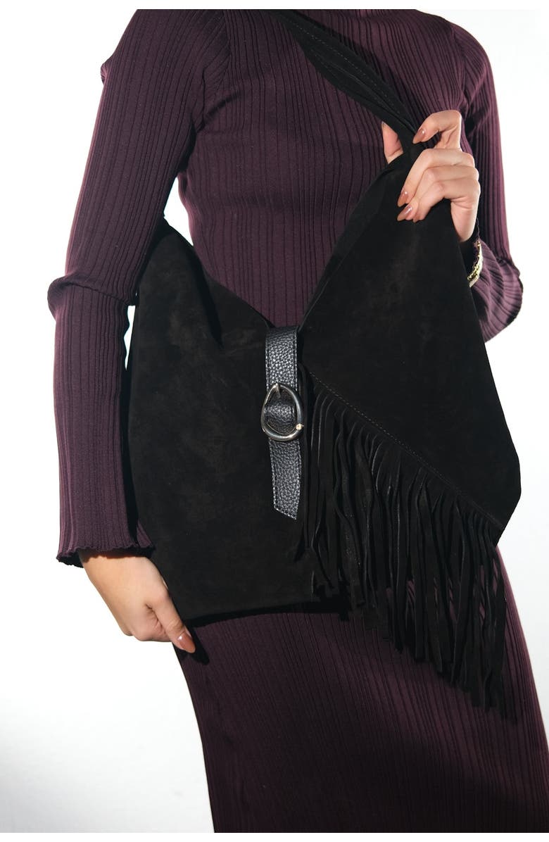 Forever & Always Shoes Noche Leather Tassel Shoulder Bag, Alternate, color, Black Suede