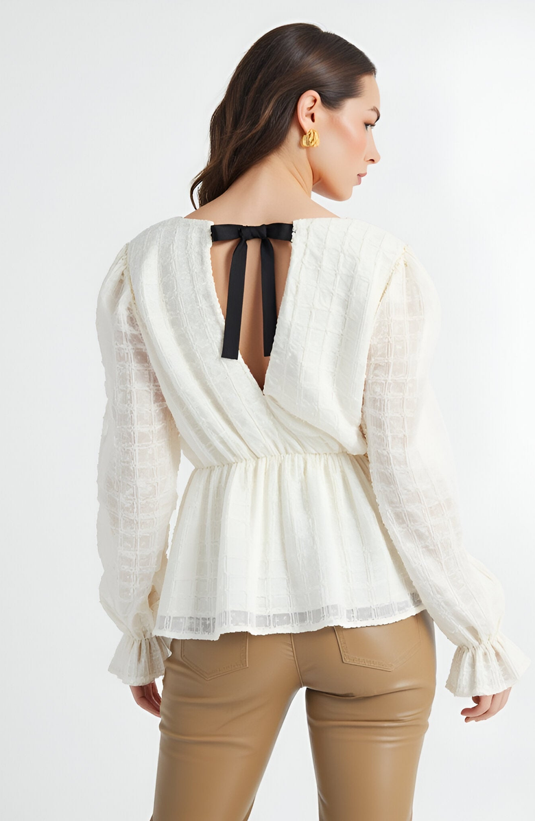 Modenaire Textured Long Sleeve Blouse with Peplum Hem and Back Bow Tie, Alternate, color, Ivory