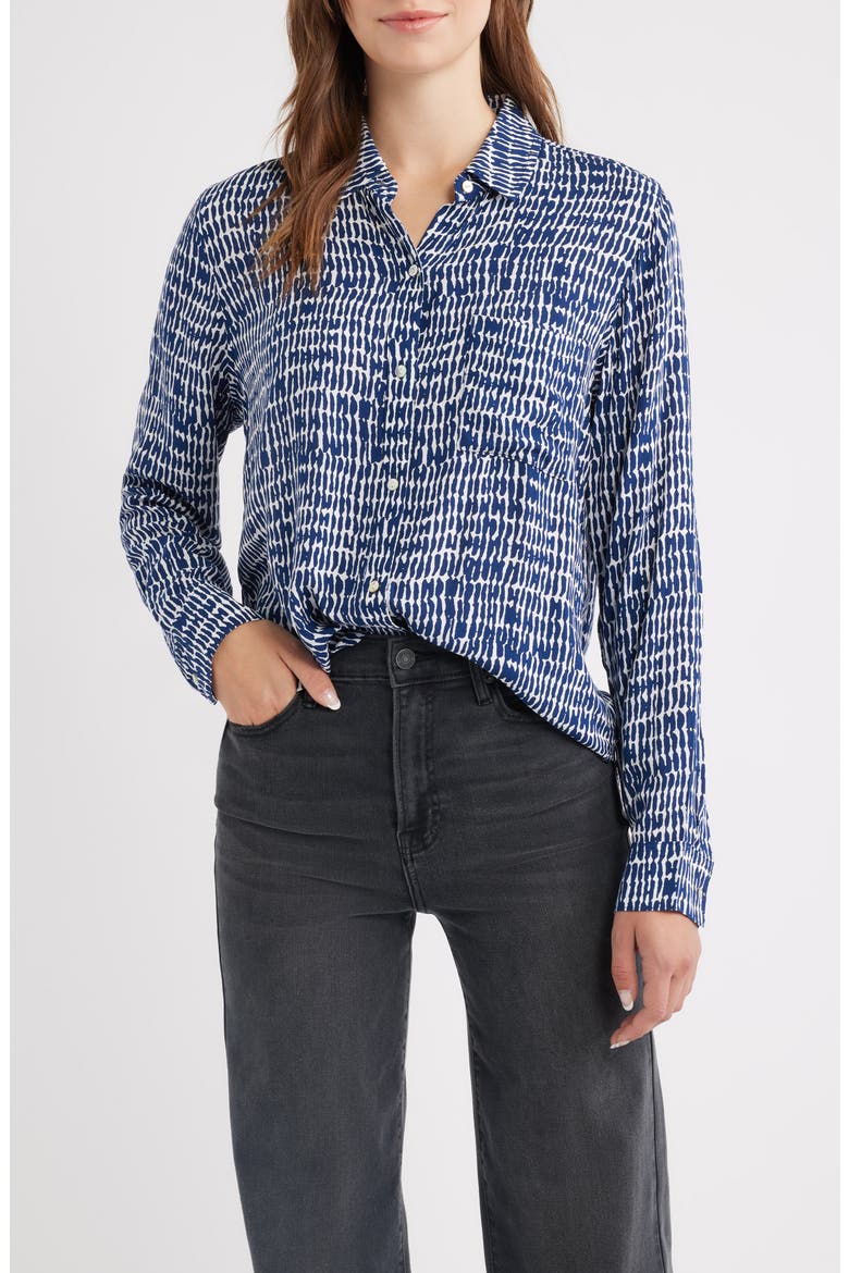 Josephine Print Button-Up Shirt, Main, color, NAVY PEBBLED