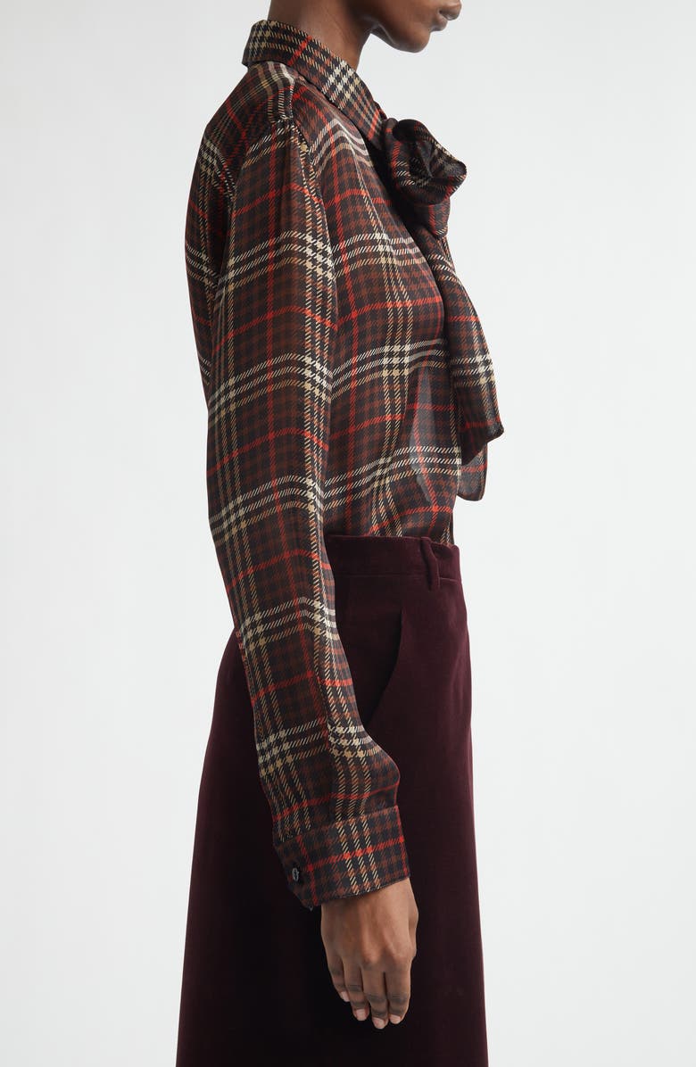 Saint Laurent Plaid Silk Crepe Tie Neck Button-Up Shirt, Alternate, color, Marron/ Craie/ Rouge