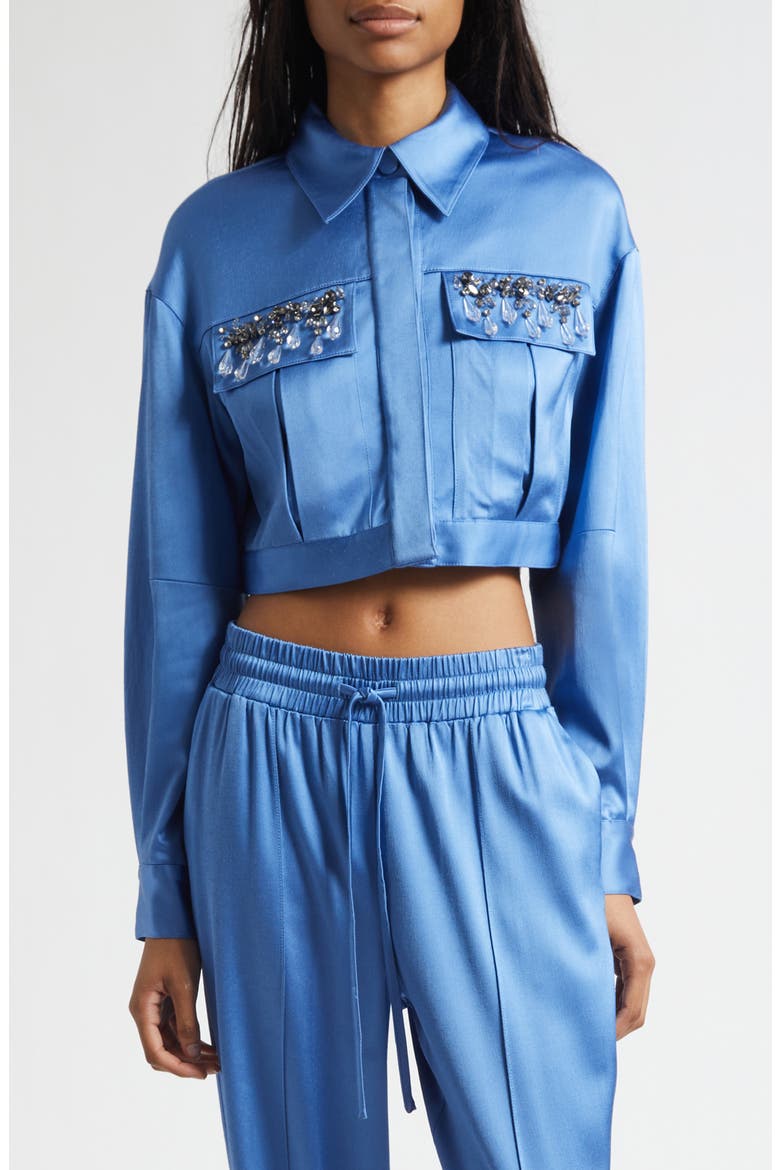 Damoni Gemstone Crop Satin Jacket, Main, color, COBALT WAVE