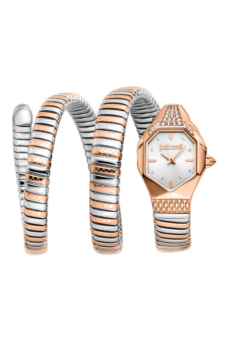 Snake Wraparound Bracelet Watch, 22mm x 34.5mm, Main, color, TWO TONE SILVER / ROSE GOLD COLOR