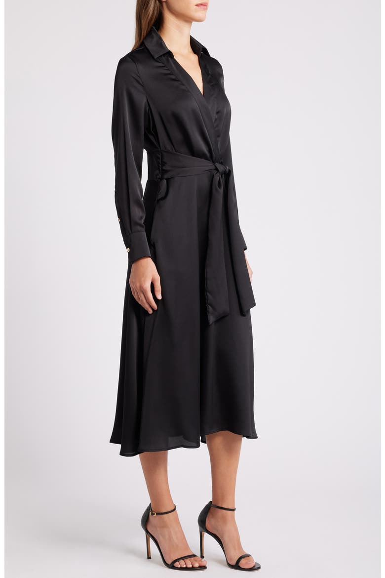 Long Sleeve Hammered Satin Wrap Front Shirtdress, Alternate, color, BLACK