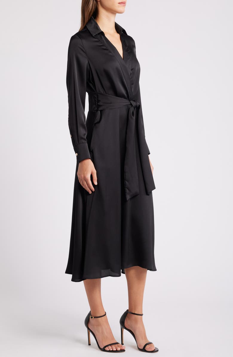 Tahari ASL Long Sleeve Hammered Satin Wrap Front Shirtdress, Alternate, color, 