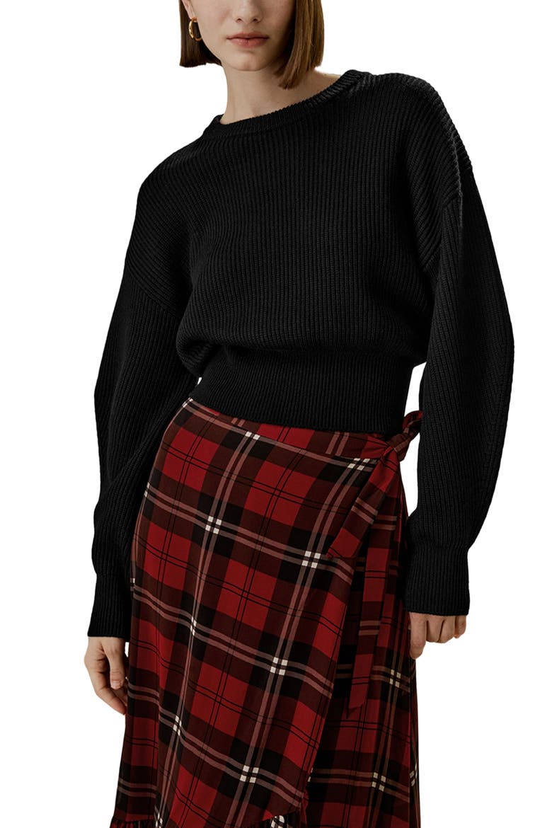 Round Neck Drop-Shoulder Merino Wool Sweater, Main, color, Black