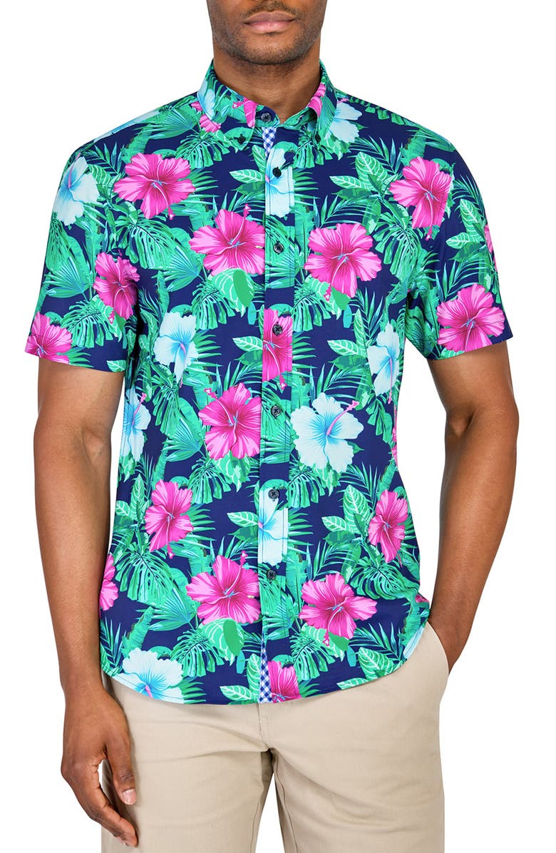 CONSTRUCT Slim Fit Large Hibiscus Recycled 4-Way Stretch Performance Short Sleeve Shirt, Main, color, Multi